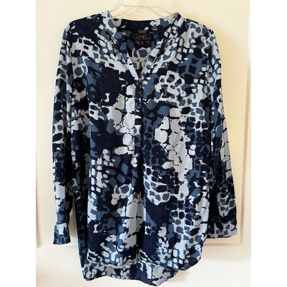 Diane Gilman Blouse Sz M Tunic Long Sleeve Blue Camo Multicolor LagenLook - Picture 1 of 9